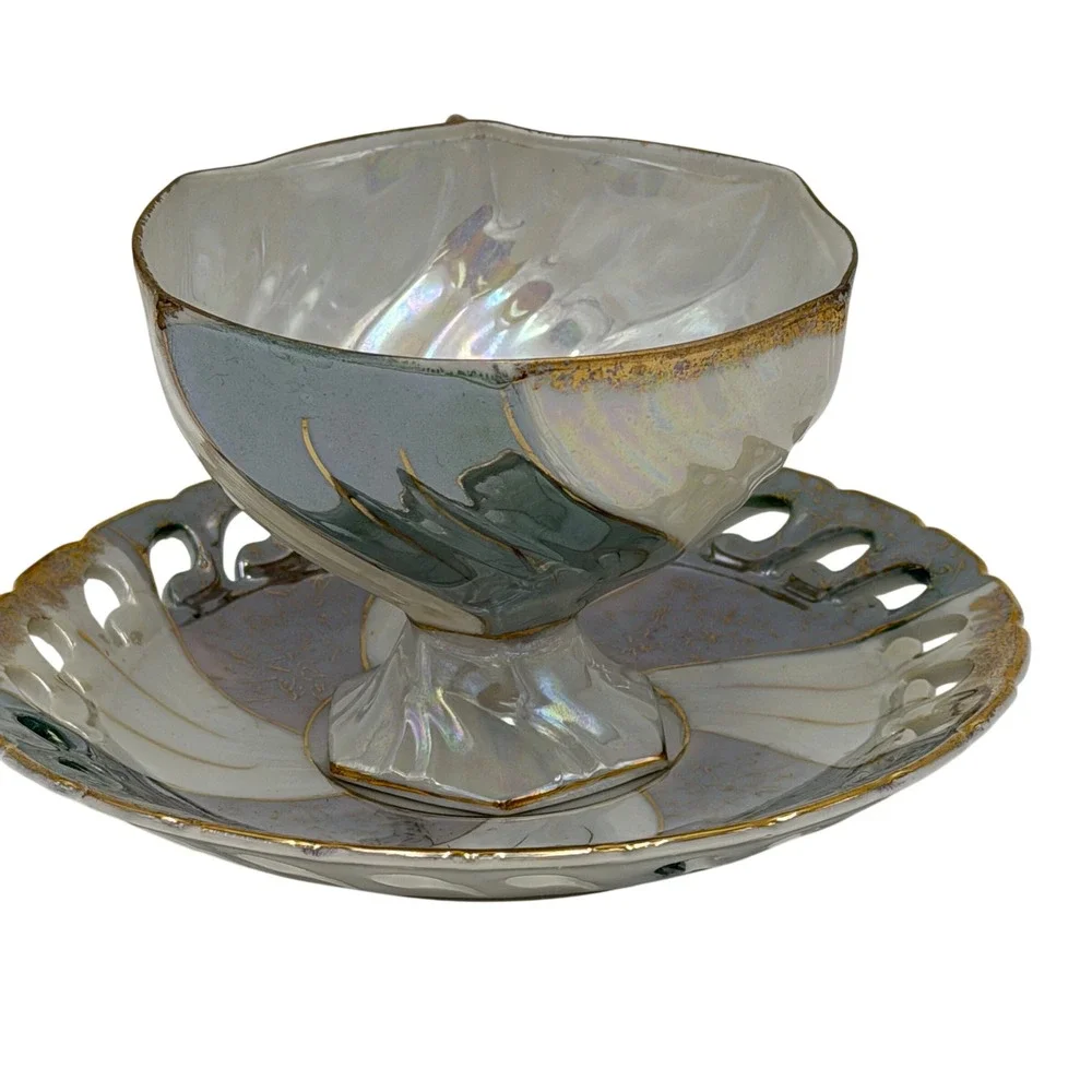 Vtg‎ Lustreware Iridescent Footed Teacup and Reticulated Saucer Set Gold Trim